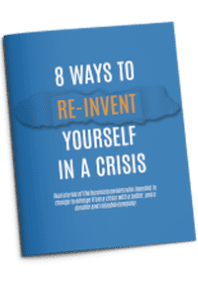 eBook cover titled '8 Ways To Re-Invent Yourself In A Crisis' with a phoenix imagery.