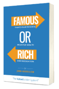 eBook cover for 'Famous or Rich' contrasting visuals of a spotlighted stage and an illuminated vault.