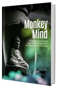 eBook cover for 'Monkey Mind' featuring a head silhouette with swirling thoughts and playful monkeys, symbolizing a restless mind.