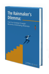 eBook cover for 'The Rainmaker's Dilemma' featuring a contrast of a stormy cloud with coin-droplets and a dry landscape.